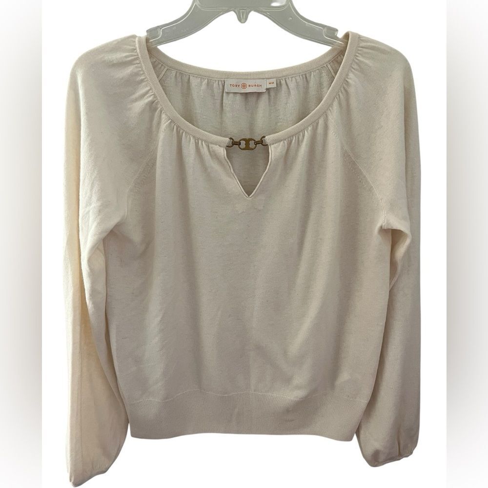 Tory Burch Gemini Link 100% Cashmere Keyhole Sweater Cream Ivory M Quiet Luxury